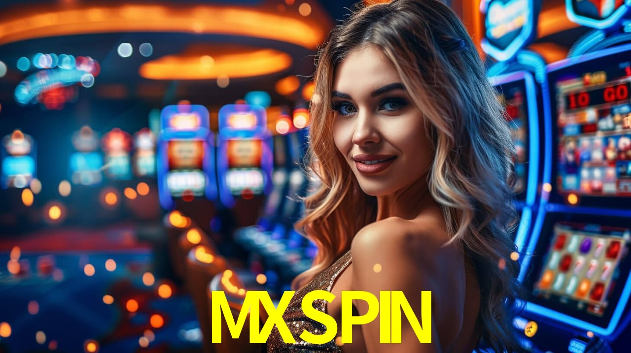 Una escena digital vívida inspirada en casino con MXSPIN mostrado prominentemente, luces brillantes, fichas, cartas y acentos dorados.