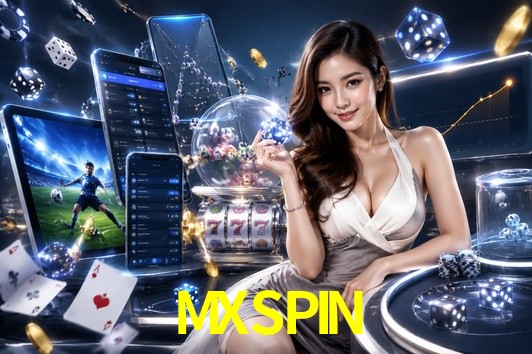 Escena dinámica inspirada en casino con iluminación MXSPIN, cartas, fichas e íconos de juegos digitales en un espacio moderno de juegos.