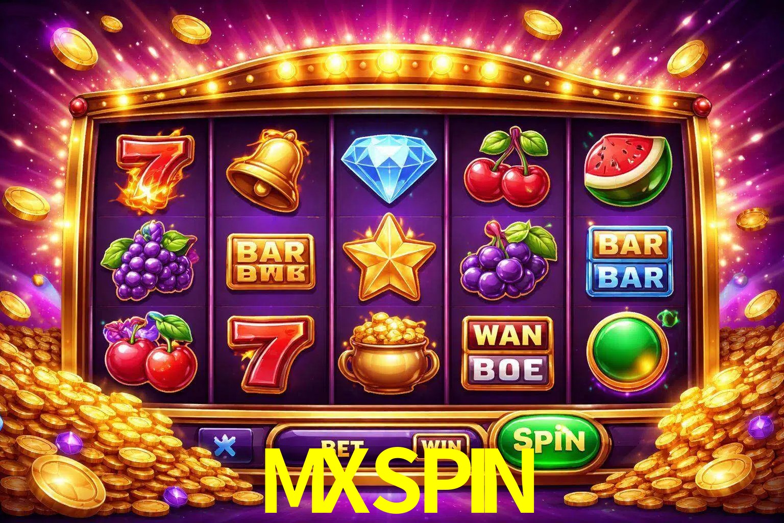 Una interfaz colorida de tragamonedas en línea con símbolos brillantes, monedas y un efecto de victoria celebratoria en MXSPIN.