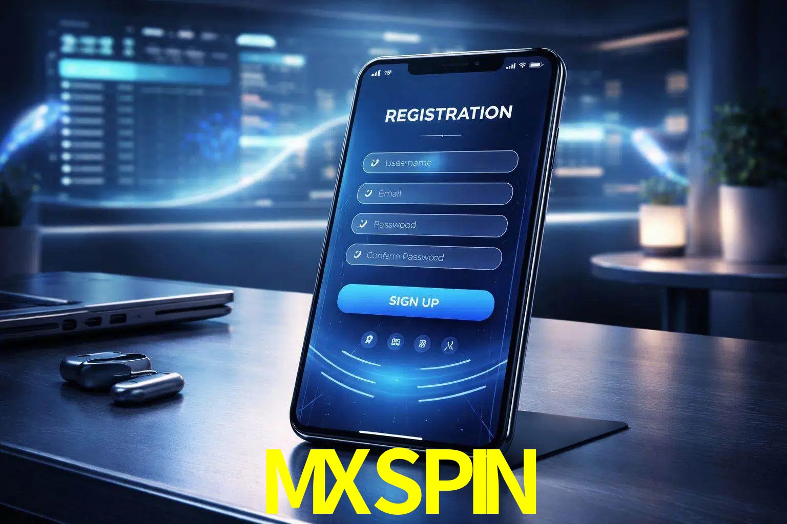 Una interfaz moderna de registro móvil para MXSPIN mostrada en un smartphone con un panel de apuestas elegante.